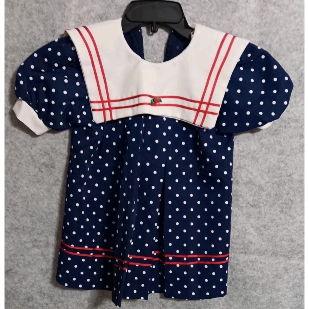 Vtg Fashion Kids Girls 5 Sailor Dress Red Blue White Puff Sleeve Collar Nautical